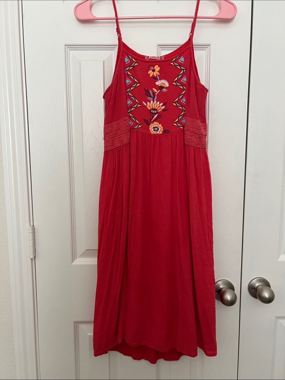 Mudd Red Spaghetti Strap Dress with Colorful Embroidered Bodice